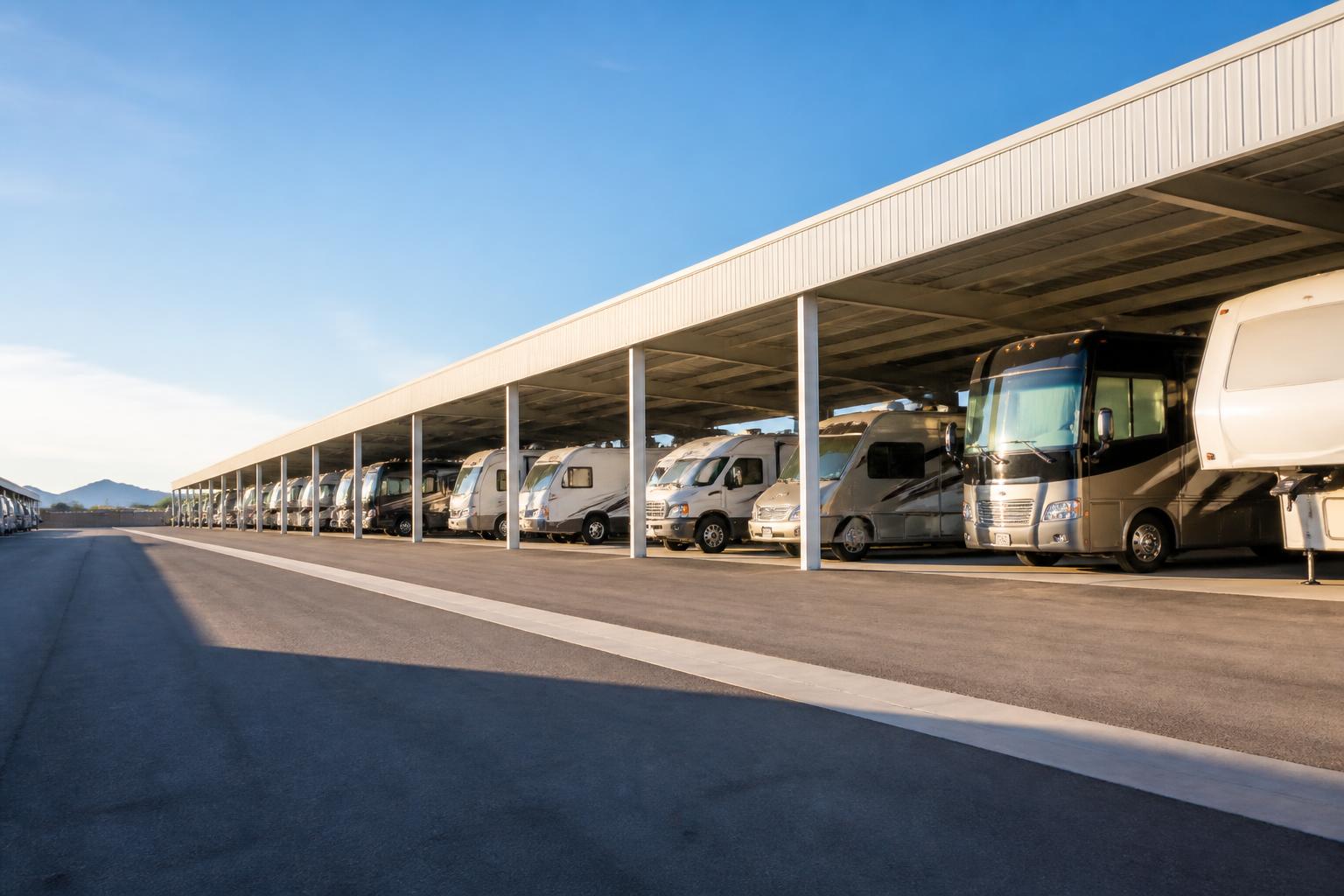 Covered RV and motorhome storage facility in Arizona with rows of parked motorhomes under tall metal canopies