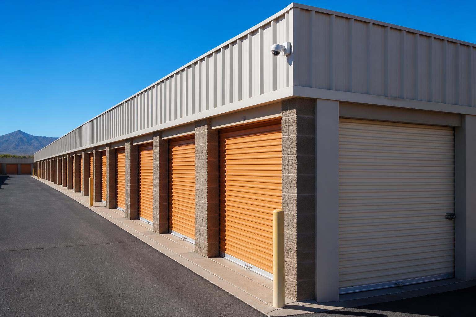 Row of orange roll-up self storage unit doors at an Arizona storage facility with security camera on the building corner