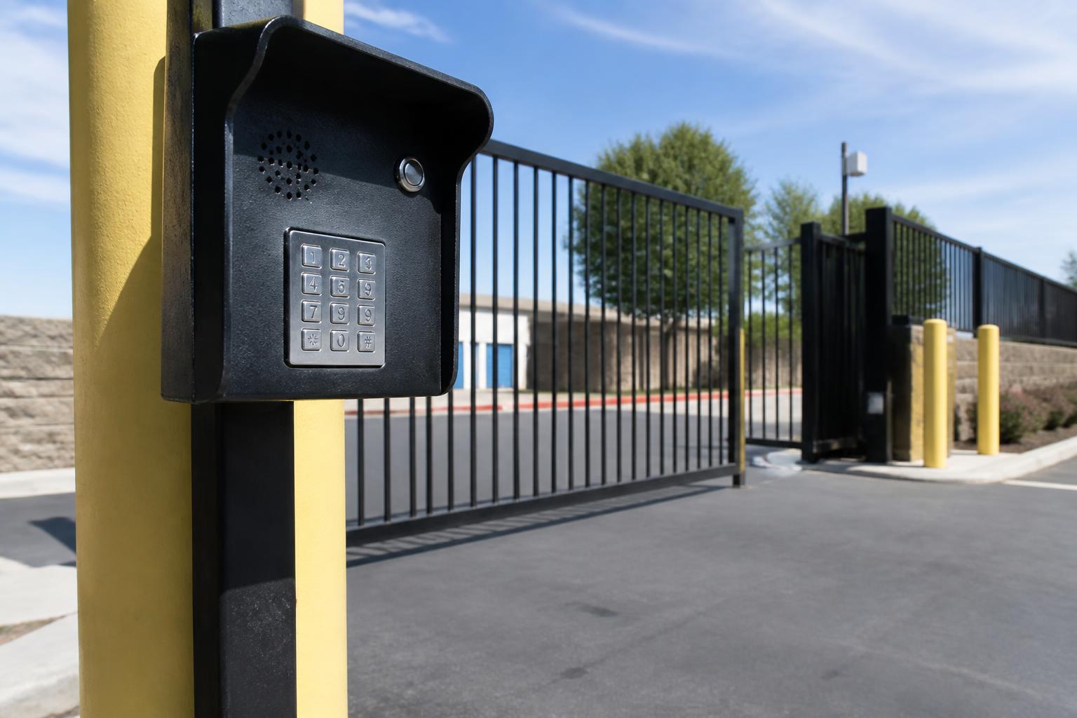 Close-up of a storage facility gate keypad pedestal mounted to a yellow safety bollard at the entrance